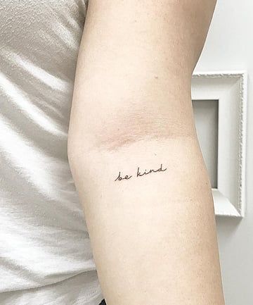 22 Small Tattoo Ideas for Women - Tiny Tattoo Designs You'll Love Mantra Tattoo, Cursive Tattoos, Shape Tattoo, Writing Tattoos, Small Girl Tattoos, Cute Small Tattoos, E Tattoo, Dainty Tattoos, Hot Tattoos