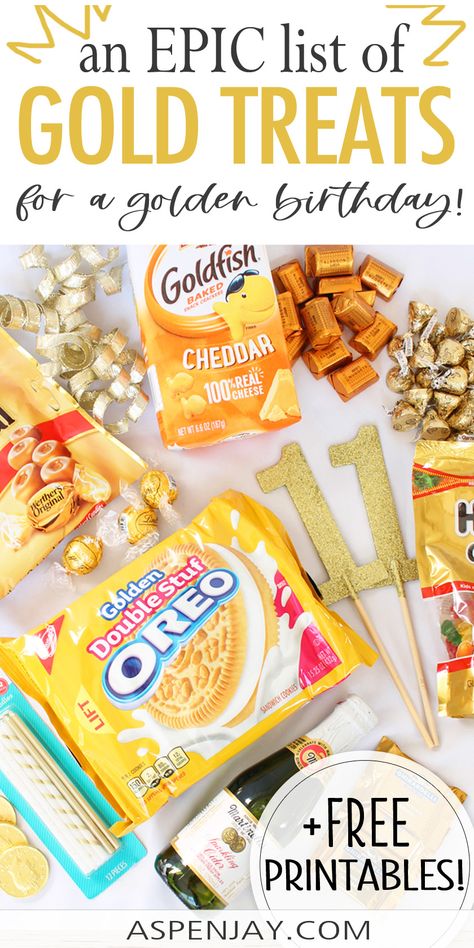 Going For The Gold Theme, Golden Birthday Snack Ideas, 22nd Golden Birthday Ideas, Diy Golden Birthday Decorations, Gold Color Party Food, Golden Birthday Cupcake Ideas, Goldmember Theme Party, Golden 19th Birthday, Gold Themed Party Food