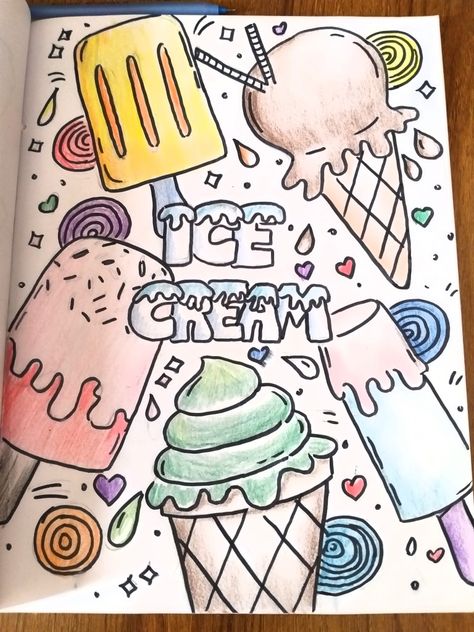 Ice Cream Painting Ideas, Ice Cream Doodle Art, Ice Cream Journal, Ice Cream Doodle, Colored Doodles, Ice Cream Painting, Drawing Borders, Book Cover Art Diy, Books Stickers