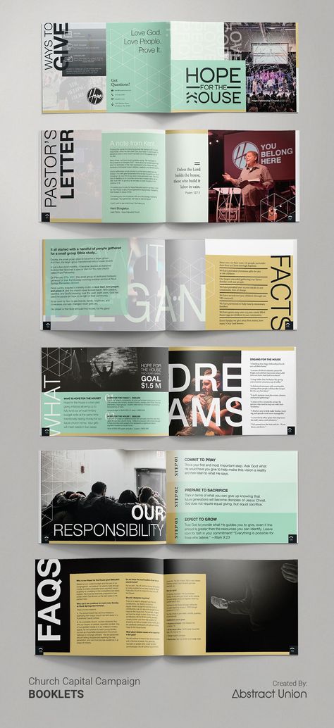 Church Capital Stewardship Campaign Materials & Themes | Our client needed a comprehensive design that elevated the focus of their photography while keeping things "clean and minimal." We aimed to highlight their story (text) with simple shapes, simple typeface, bold titles, and unique spreads-each page. Beyond the 6x9 in. booklet, this design concept was executed across various deliverables to complete their custom package. Click to see more! Conference Booklet Design, Church Brochure Design, Capital Campaign Design, Fundraising Campaign Design, Event Booklet, Capital Campaign Brochure, Simple Typeface, Marketing Campaign Design, Booklet Design Layout