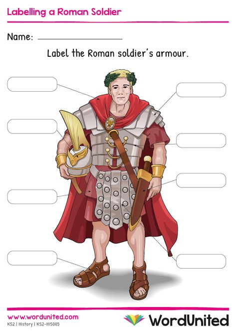 This worksheet will be an engaging resource for children learning about Roman soldiers, due to the realistic illustration with bright, clear colours. Children can practice labelling the Roman soldier's armour. Includes answer sheet. Supports the following areas of learning within Key Stage 2: History and Numeracy. Ancient Rome Kids Projects, Romans Ks2, Romans For Kids, Ancient Rome Lessons, Ancient Rome Projects, Ancient Rome History, History Printables, Imperiul Roman, Tapestry Of Grace