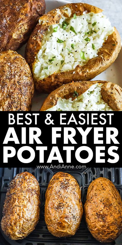 Air fryer baked potatoes are cooked easily using russet potatoes in your air fryer. The potatoes are drizzled with olive oil and seasoned with salt and pepper. They’re cooked in the air fryer for about 35 minutes. The results are crispy skin outside with a tender fluffy inside. Air Fry Bake Potatoes, Potatoes In An Air Fryer, Baked Russet Potatoes In Air Fryer, Cook Russet Potatoes, Airfare Potatoes, Baked Potatoes In An Air Fryer, Bake Potato In Air Fryer, Baked Potatoes In Airfryer, Best Baked Potatoes In The Air Fryer