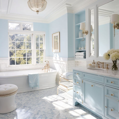 8 Colors That Go Well With Light Blue Light Blue Modern Bathroom, Creamy Light Blue Paint, Light Blue And Gray Bathroom, Light Blue Bathroom Ideas Paint, French Country Blue Bathroom, Light Blue Kids Bathroom, Bathroom Light Blue Walls, Light Blue Interior Paint, Light Blue House Aesthetic