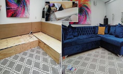 Diy Corner Sofa, Diy Furniture Sofa, Build Your Own Sofa, Corner Sofa Bed With Storage, Diy Carpentry, Diy Sofa Bed, Built In Couch, Built In Sofa, Corner Couch