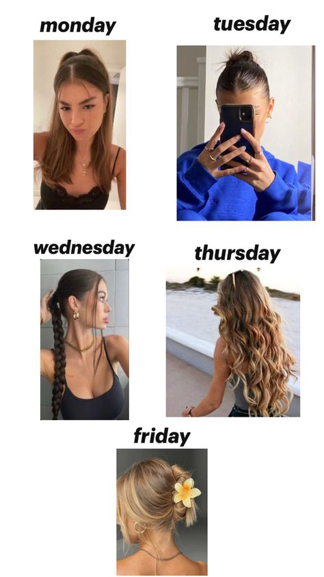 (NOT MY PHOTOS) Cute Day 2 Hairstyles, Hairstyles Of The Week For School, Comfy School Hairstyles, Week Of Hairstyles For School, 7 Days Of Hairstyles, Tuesday Hairstyles For School, Hairstyles For Every Day Of The Week, Winter Hair Styles Medium, Hairstyles For Pajama Day At School