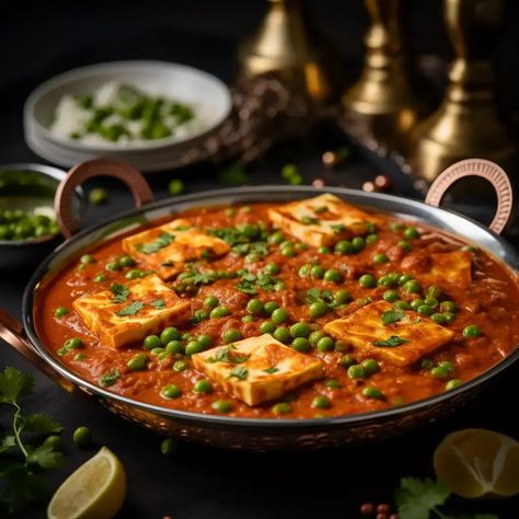 Matar Paneer is a beloved and timeless North Indian vegetarian dish that showcases the rich and comforting flavors of Indian cuisine. This dish features soft cubes of paneer (Indian cottage cheese) cooked in a tomato-based gravy with green peas (matar). Matar Paneer is known for its creamy and mildly spiced sauce that perfectly complements the tender paneer and sweet peas, making it a favorite among vegetarians and non-vegetarians alike. Paneer Masala Photography, Veg Dishes Indian, North Indian Food Photography, Veg Food Photography, Indian Cuisine Photography, Indian Dishes Vegetarian, Matter Paneer, Indian Food Vegetarian, Mattar Paneer