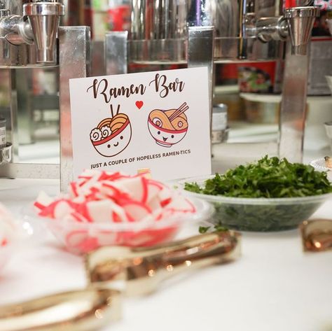 Late Night Ramen Bar Wedding, Late Night Snack Bar Wedding, Instant Ramen Bar Wedding, Ramen Bar Ideas, Ramen Noodle Bar Party, Ramen Bar Party, Maruchan Bar, Ramen Bar Wedding, Wedding Reception Set Up