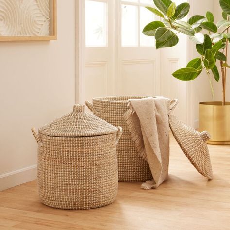 Adira White and Natural Seagrass Basket With Lid - World Market Cheap Baskets, Rugs Outdoor, Basket With Lid, Seagrass Basket, Bamboo Weaving, Stylish Storage Solutions, Organizing Your Home, World Market, First Home