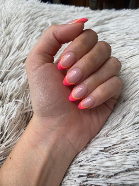 Short Almond Acrylic Nails Colorful, Nails Oval Shape Summer, Fun Pink French Tip Nails, Bright French Tips Almond, Short Almond Nails Colored French Tip, Pink And Organs Nails, Preppy Nail French Tip, Cute Color French Tip Nails, Cute Colorful French Tip Nails