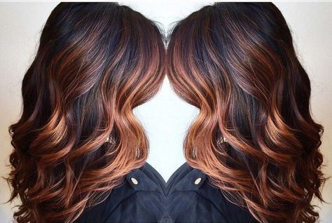 Copper Highlights On Brown Hair, Light Golden Blonde, Black Hair Ombre, Hair Colorful, Copper Balayage, Ombré Hair, Hair Color And Cut, Golden Blonde, Balayage Highlights