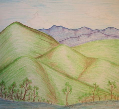 Mountain Landscape Colored Pencil Sketch by Annelise Claire Mountains Drawing Color, Chocolate Hills Drawing, Colored Pencil Landscape Easy, Mountain Drawing Color, Hills Drawing Simple, Landscape Colored Pencil, Colored Pencil Mountains, Hills Drawing, Hills Drawing Landscape