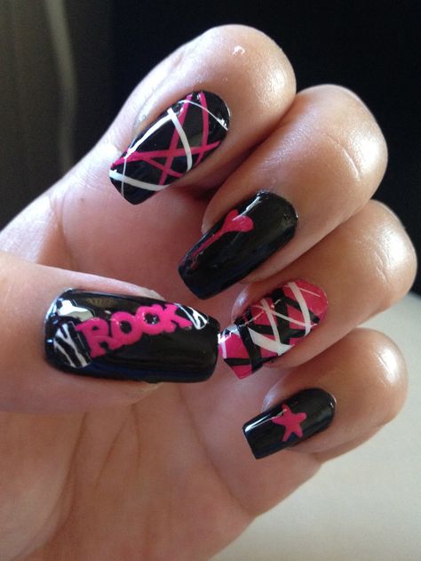 Jelly Roll Concert Nails, Metallica Nail Art, Rock Concert Nails Ideas, Avril Lavigne Inspired Nails, Rock And Roll Nails Ideas, Avril Lavigne Nail Ideas, 80s Rock Nails, Rock N Roll Nails Designs, P!nk Concert Nails