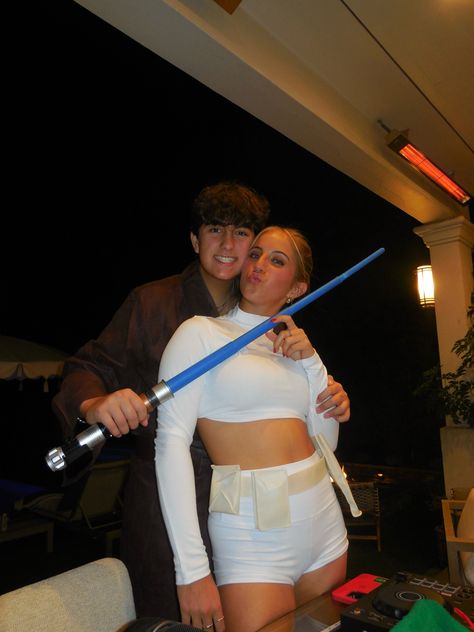 Halloween Costume Couples Cute, Halloween Movie Night Outfit, Darth Vader And Stormtrooper Costume, Asian And White Couple Costume, Couple Costumes Superhero, Halloween Costume With White Boots, Anakin And Padme Couple Costume, Padma And Anakin Costume, Couple Halloween Costumes Dark Hair