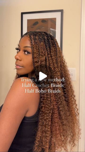 Claire Adekanye | Natural Hair on Instagram: "Trying this new method…
Did I do something different?! If you try this out tag me so I can see the results. 

Hair used is linked in my Amazon storefront 🫶🏾

Now I’m not a braider so don’t judge too hard lol but hear me out this method could actually be a hit this summer. Why? 🫶🏾less braiding, less time doing your hair. I crochet the back of my hair and then did boho knotless braids in the front. My final step was using perm rods and dipped my braiding hair. 

Pros:
-Less time braiding.
-If you aren’t a pro braider like me you can get away with braids not being as neat (the deep wave curls will camouflage your imperfections lol) 😂 

My takeaway: I would suggest you DON’T start your braids half way but a lil past the halfway point of your h Crochet Hairstyles For Black Women Long, Half Up Half Down Crochet Braids, Half Knotless Half Sew In, Half Box Braids Half Sew In Weave, Deep Wave Boho Braids, Braids In Front Crochet In Back, Half Crochet Half Braids, Braids In The Front Curls In The Back, Illusion Braids