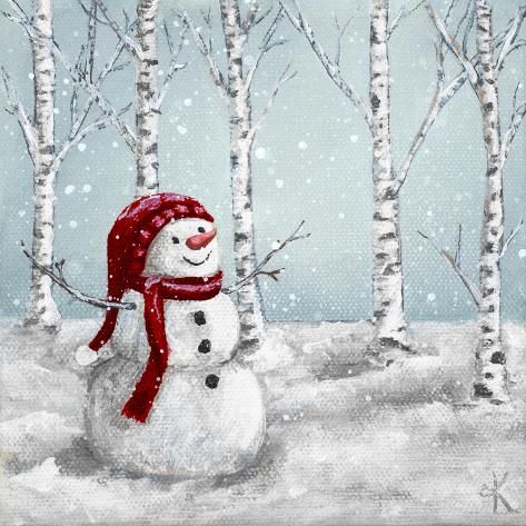 size: 12x12in Art Print: Snowman with Hat by Kelly Elizabeth : Wine And Canvas Christmas Paintings, Winter Snowman Paintings, Snowman With Scarf Painting, Christmas Art Snowman, Christmas Snow Painting, Pretty Christmas Paintings, Scandinavian Christmas Painting, Christmas Painting Snowman, Snowmen Paintings On Wood