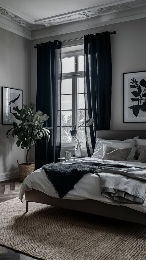 Make your dream bedroom a reality with stylish black curtains. These versatile drapes add depth and sophistication to any decor style. #StylishLiving #BedroomMakeover #BlackCurtains #HomeDecor #DecorInspo Black Sheer Curtains Bedroom, Dark Cozy Room, Sheer Curtains Bedroom, Black Sheer Curtains, Room Curtains, Bedroom Black, Black Curtains, Cozy Room, Curtains Bedroom