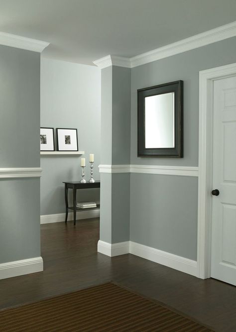 Chair Rail Paint Ideas, Dining Room Chair Rail, Chair Rail Moulding, Grey Wall Color, Wainscoting Styles, Dining Room Paint Colors, Chair Rail Molding, Dining Room Paint, Gray Walls