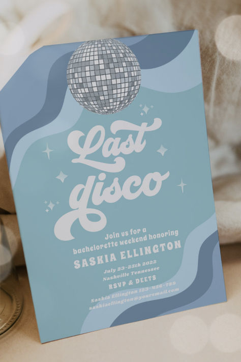 Blue Retro Last Disco Bachelorette Party Invitation Blue And Silver Disco Party, Disco And Denim Party, Blue Disco Bachelorette, Bachelorette Party Themes Blue, Denim And Disco Theme, Bachelorette Party Themes Disco, Retro Disco Party Decor, Last Disco Hen Party, Last Disco Bachelorette Party Decor