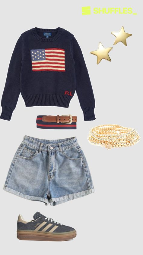 #fourthofjuly #july4th #summer #outfitinspo #gazelles #america #americanflagsweater #dadshorts #starearrings #patriotic Fourth Of July Outfit, Loose Pullover Sweater, Flag Pattern, Patriotic Outfit, Round Neck Sweater, 4th Of July Outfits, Loose Pullover, American Patriot, Round Neck Sweaters