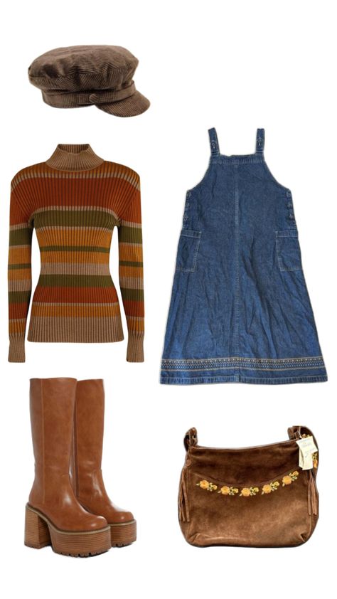 Jean mini dress, striped autumn turtleneck, tall boots, brown bag with floral detailing, brown newsboy cap Newsboy Cap Outfit, Striped Turtleneck Outfit, Brown Turtleneck Outfit, Tall Brown Boots Outfit, Jean Mini Dress, Brown Boots Outfit, Vintage Turtleneck, Brown Turtleneck, Cap Outfit