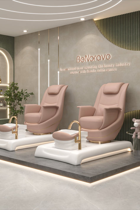 @BeNoravo Pink Collection Pedicure Chairs. ✨ Spa Pedicure Set Up Ideas, Nail Saloon Interiors Ideas, Parlour Design Interiors, Pedicure Interior Design, Luxury Pedicure Station, Pedicure Salon Interior Design, Pedicure Chair Ideas, Nail Studio Decor, Luxury Nail Salon