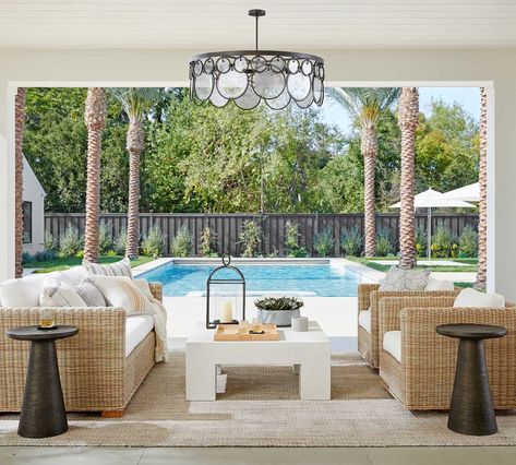 Huntington All-Weather Wicker Square Arm Sofa & Swivel Chair + Pomona Table Lounge Set | Pottery Barn Florida Front Door, Pottery Barn Outdoor Furniture, Backyard Decoration Ideas, Pottery Barn Outdoor, Turkey Decor, Grand Entryway, Outdoor Accent Table, Relaxing Places, Round Chandelier