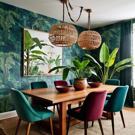 This dining room is seriously giving me all the lush, tropical vibes! The deep green jungle wallpaper instantly transports you to a rainforest, while those pops of jewel-toned chairs add just the right amount of color and contrast. The woven pendant lights and that gorgeous wooden table bring in such a warm, natural element, making it feel both exotic and grounded. And can we talk about the plants? It's like the room is alive! It’s a perfect blend of modern, nature-inspired design with an e... Tropical Wallpaper Dining Room, Tropical Modern Interior, Airbnb Moodboard, Green Jungle Wallpaper, Mid Century Modern Dining Room Table, Mid Century Modern Dining Room, Green Jungle, Dining Room Blue, Inspiring Interiors