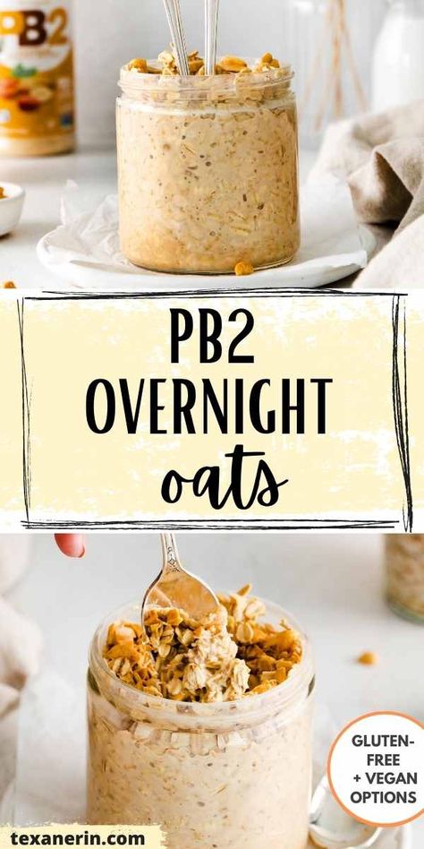 These PB2 overnight oats are the ultimate healthy breakfast. They call for just 5 basic ingredients and are the perfect hearty breakfast with added protein and flavor from peanut butter powder (or regular peanut butter). They’re also gluten-free with a vegan option. Protein Overnight Oats Pb2, Overnight Oats With Powder Peanut Butter, Overnight Oats Pb Banana, Pb2 Oatmeal Recipes, Pb And Banana Overnight Oats, Smoothie With Pb2, Fit Pb Recipes, Peanut Butter Cookie Overnight Oats, 2b Mindset Overnight Oats