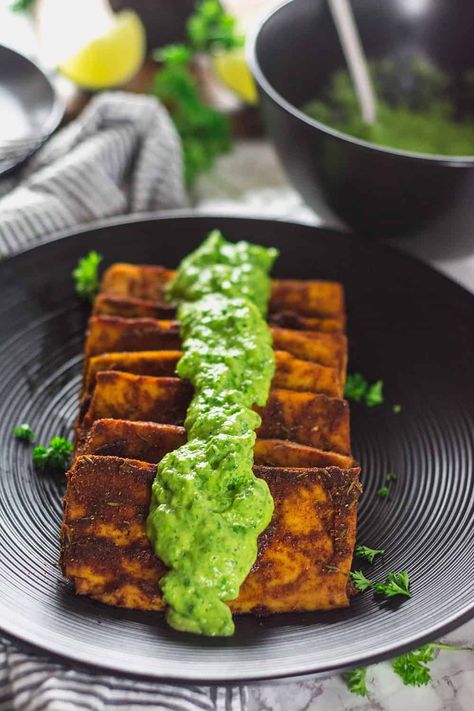 Tofu Steaks With Avocado Chimichurri Low Carb Tofu, Tofu And Avocado, Avocado Chimichurri, Tofu Steaks, Tofu Avocado, Steak With Chimichurri, Roasted Kabocha Squash, Steak With Chimichurri Sauce, Tofu Steak