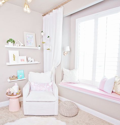 Today I get to show the room my daughter and I have been working on. I mentioned on Instagram that I get so busy working on other nurseries and kids rooms and h Window Seat Curtains, Kids Room Wall Color, Bedroom Window Seat, Bay Window Seat, Window Nook, Cool Kids Bedrooms, Room Wall Colors, Daughters Room, Bedroom Windows