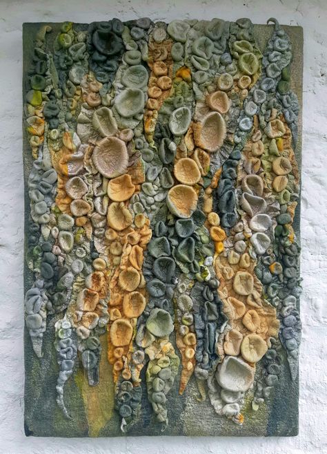 Textured wall art, surface design, felt wall hanging Textiles Wall Art, Textiles Wall Hanging, Nature Textile Art, Textile Art Wall Hanging, Art Textiles Sketchbook, Natural Structures Art, Nature Inspired Textiles, Wool Art Ideas, Layered Textile Art