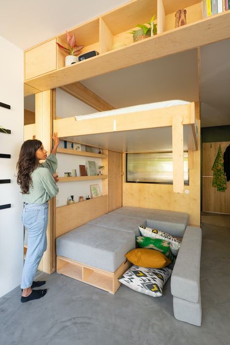 These Prefab Tiny Homes Can Be Linked to Create Entire Apartment Complexes - Dwell Traditional Japanese Home, House Shelves, Micro House, House Interiors, Apartment Complexes, Modular Furniture, Prefab Homes, Modular Homes, Murphy Bed