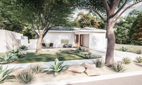 Front Garden Bungalow, Front Yard Landscaping Desert Design, Pebbles Front Yard Landscaping, Sloped Front Yard Landscaping With Rocks, Modern Desert Landscape Design, Coastal Desert Landscape, Modern Scandinavian Backyard, Small Grass Area Ideas Front Yard, Modern Landscape Plants