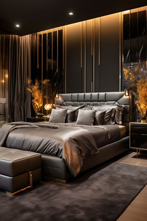 Luxurious modern bedroom in deep black and rich bronze, featuring a king-size leather bed, bronze side table, and track lighting. Black Modern Bedroom, Luxurious Modern Bedrooms, King Size Bed Designs, Living Room Decor Lights, Latest Sofa Designs, Aesthetic Living Room, Modern Luxury Bedroom, Bedroom Wall Paint, Corner Sofa Set