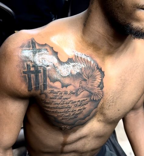 Philippians 4 13 Tattoo Chest, Bible Verse On Chest Tattoo, Guys With Arm Tattoos, Christian Arm Sleeve Tattoo For Men, God Chest Tattoo Men, Top Sleeve Tattoo For Men, Biblical Sleeve Tattoos For Men, Bible Neck Tattoo, Scripture Chest Tattoos For Men