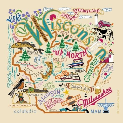 Wisconsin! Gone Fishing, Great Doodle, Wisconsin Pride, Wisconsin Art, Wisconsin State, Embroidered Border, Wisconsin Badgers, Milwaukee Wisconsin, Illustrated Map