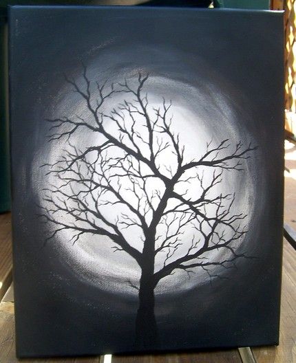 Black And White Painting Ideas, Black Canvas Paintings, Dark Paintings, Black And White Tree, Easy Canvas Painting, Black And White Painting, Watercolor Trees, Black And White Canvas, Night Painting