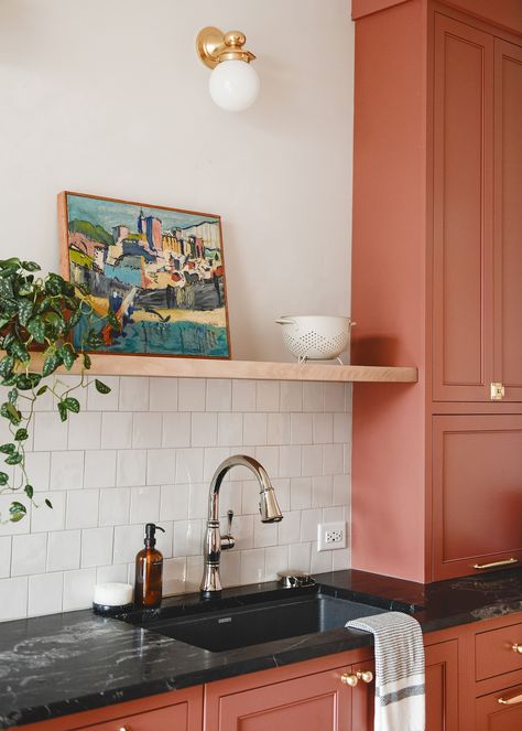 Coral Kitchen, Black Granite Sink, Terracotta Kitchen, Whole Home Audio, Guest Bathroom Renovation, Terracotta Pink, Inset Cabinetry, Red Cabinets, Yellow Brick Home