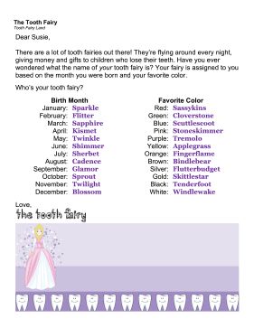 Sample Letter from the Tooth Fairy Fairy Name Generator, Based On Birth Month, Tooth Fairy Names, Tooth Fairy Letter Template, Letter From The Tooth Fairy, Fairy Name, Parenting Printables, Losing Teeth, Fairy Names