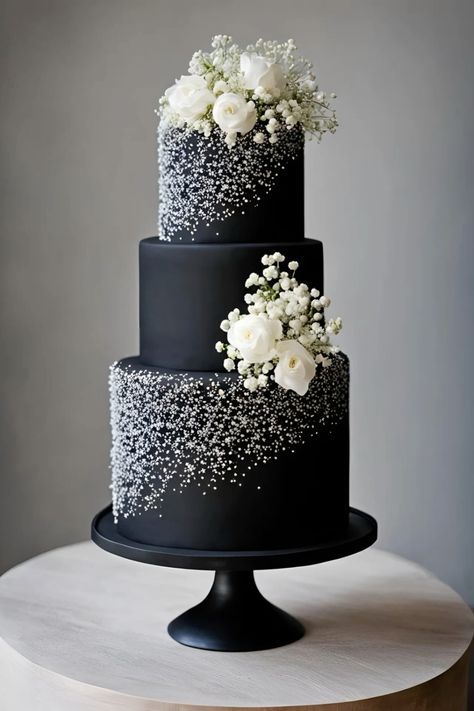 Small Wedding Cakes Black And White, White Gothic Wedding Cake, Wedding Cake With Black Accents, Wedding Cake Inspiration Elegant, Black And White Wedding Pop Of Color, Wedding Cake Designs Black, Black And White Wedding Cake Ideas, Black And White Wedding Dessert Table, Black Wedding Decor Ideas