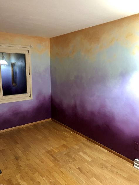 Hombre Painted Walls, Easy Wall Paint Designs, Multicolor Accent Wall, Multi Color Wall Paint Ideas, Ombre Wall Paint Diy, How To Paint An Ombre Wall Diy, Ombre Door, Painting An Ombre Wall, Blue Ombre Wall Paint