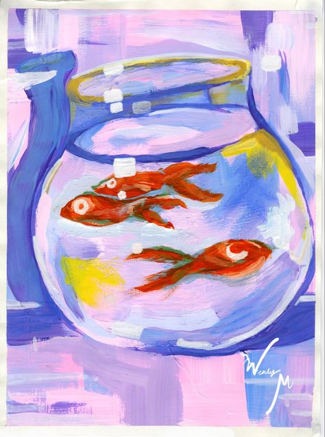 Fish Bowl Painting Ideas, Fish Bowl Painting, Fish Bowl Art, Art 2023, Bowl Art, Chalk Pastels, Fish Painting, Fish Bowl, Colorful Paintings