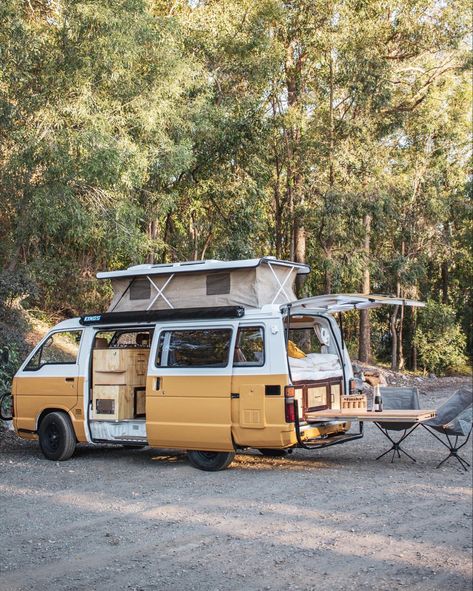 Pull out table and sitting area at the back. Toyota Hiace Campervan, Hiace Camper, Toyota Camper, Old Van, T3 Vw, Campervan Rental, Car Tent, Campervan Life, Build A Camper Van