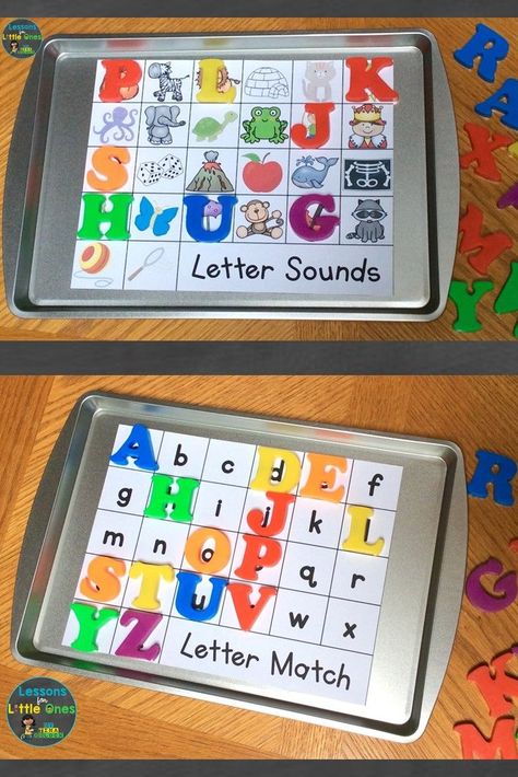 Practice alphabet letters and letter sounds in engaging ways with magnetic letters, cookie sheets, cards, blocks, puzzles, and other fun, hands-on activities. Letter Recognition And Sounds Activities, Letter Sounds And Recognition Activities, Practicing Letter Sounds Activities, Letter Intervention Preschool, Kindergarten Letter Sound Games, Practicing Letter Sounds, Cookie Sheet Letter Activities, Letter Sounds Activities Preschool, Letter Magnet Activities