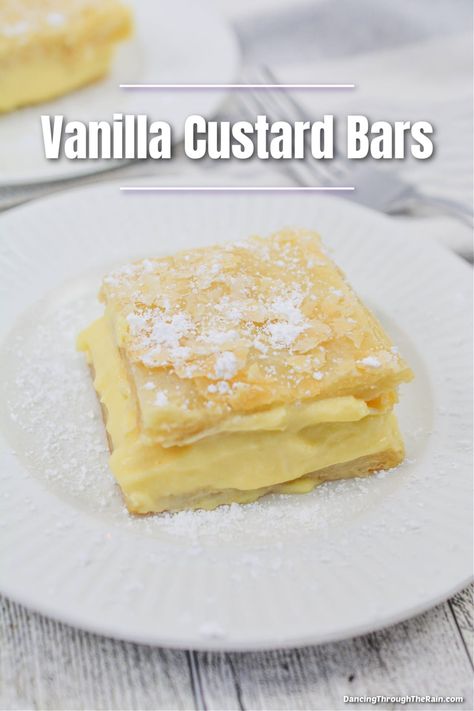 These Easy Vanilla Custard Bars are the sweet treat you need! With velvety vanilla custard and layers of puff pastry, they're to die for! #dessertsquares Puff Pastry Custard Recipes, Puff Pastry With Custard Filling, Custard Puff Pastry Recipe, Custard Slices With Puff Pastry, Vanilla Custard Cream Squares Recipe, Vanilla Custard Bars With Puff Pastry, Vanilla Custard Bars, Vanilla Custard Cream Squares, Custard Puff Pastry