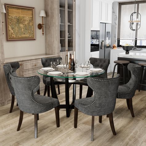 Manor House Decor, Round Table Dining Room Chairs, Round Dining Table Upholstered Chairs, Round Table Dining Set, Round Dining Room Table And Chairs, Dining Tables With Benches, Kitchen Table Inspiration, Modern Kitchen Table And Chairs, Round Glass Dining Room Table