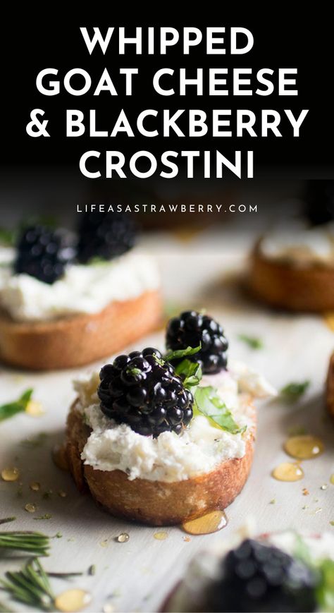 Blackberry Goat Cheese Crostini - This easy goat cheese appetizer recipe is perfect for summer entertaining! A simple whipped goat cheese, fresh summer blackberries, basil and a hint of lime. A simple blank canvas for other crostini ideas. Topped with a drizzle of honey and fresh basil for a twist on caprese. Vegetarian. A quick tutorial on how to make crostini appetizers. Blackberry Goat Cheese, Goat Cheese Recipes Appetizers, Dessert Gourmet, Cheese Recipes Appetizers, Cheese Crostini, Goat Cheese Crostini, Goat Cheese Appetizer, Crostini Appetizers, Infused Honey