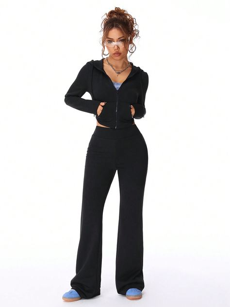 Women's  Fall/Winter Daily Wear  Zip Up  Bodysuit Long Sleeve Hoodies And  Flare Pants Suit , Going Out Sets Two Piece Black Casual    Plain  Slight Stretch  Women Clothing, size features are:Bust: ,Length: ,Sleeve Length: Black Track Suit Outfit Women, Manche, Zip Up Bodysuit, Pants Suit, Suit Pants, Womens Fall, Two Piece Outfit, Black Casual, Flare Pants