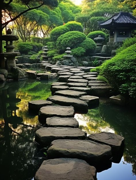 A captivating Japanese garden with meticulously placed stepping stones beside the water, illustrating the essence of asymmetric balance. The scene is reminiscent of the artistic influences of Xu Bing, Gu Hongzhong, and the Xing Xing group, creating a harmonious blend of nature and artistry. Long Garden Ideas, Japanese Water Garden, Long Garden, Fish Pond Gardens, Japanese Garden Landscape, Garden Pond Design, Garden Magic, Temple Gardens, Outdoor Sanctuary