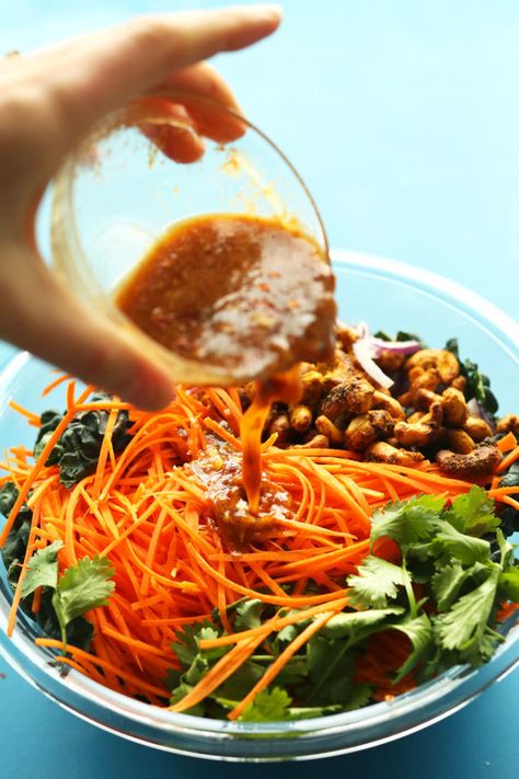 EASY Thai Carrot Salad with Curried Cashews! Spicy, sweet, crunchy and SO flavorful! #vegan #glutenfree #thai #salad #recipe #dinner Carrot Salad Dressing Recipe, Carrot Salad Dressing, Cashew Recipes, Salad Dressing Recipe, Carrot Salad, Carrot Recipes, Vegan Salad, Dressing Recipe, Thai Recipes